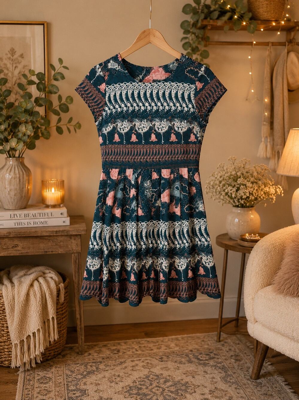Antit Pleated Fit & Flare Dress Medium Keyhole Back Cap Sleeve Dress Whimsical